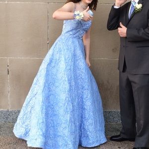 blue ball gown, prom, formal, evening wear